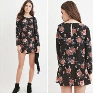 Long sleeve black floral mini dress size medium